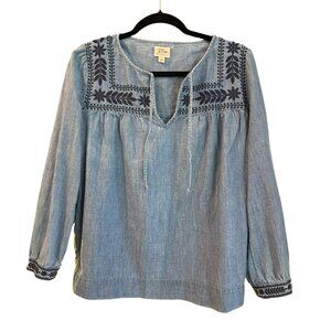 J. Crew Blue Embroidered Chambray Top Small Boho Peasant Blouse Coastal Denim